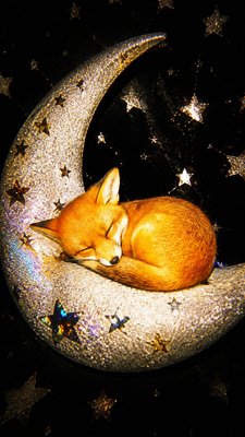 a sleeping baby fox curled on a crescent moon among soft stars, gentle and warm, no text
