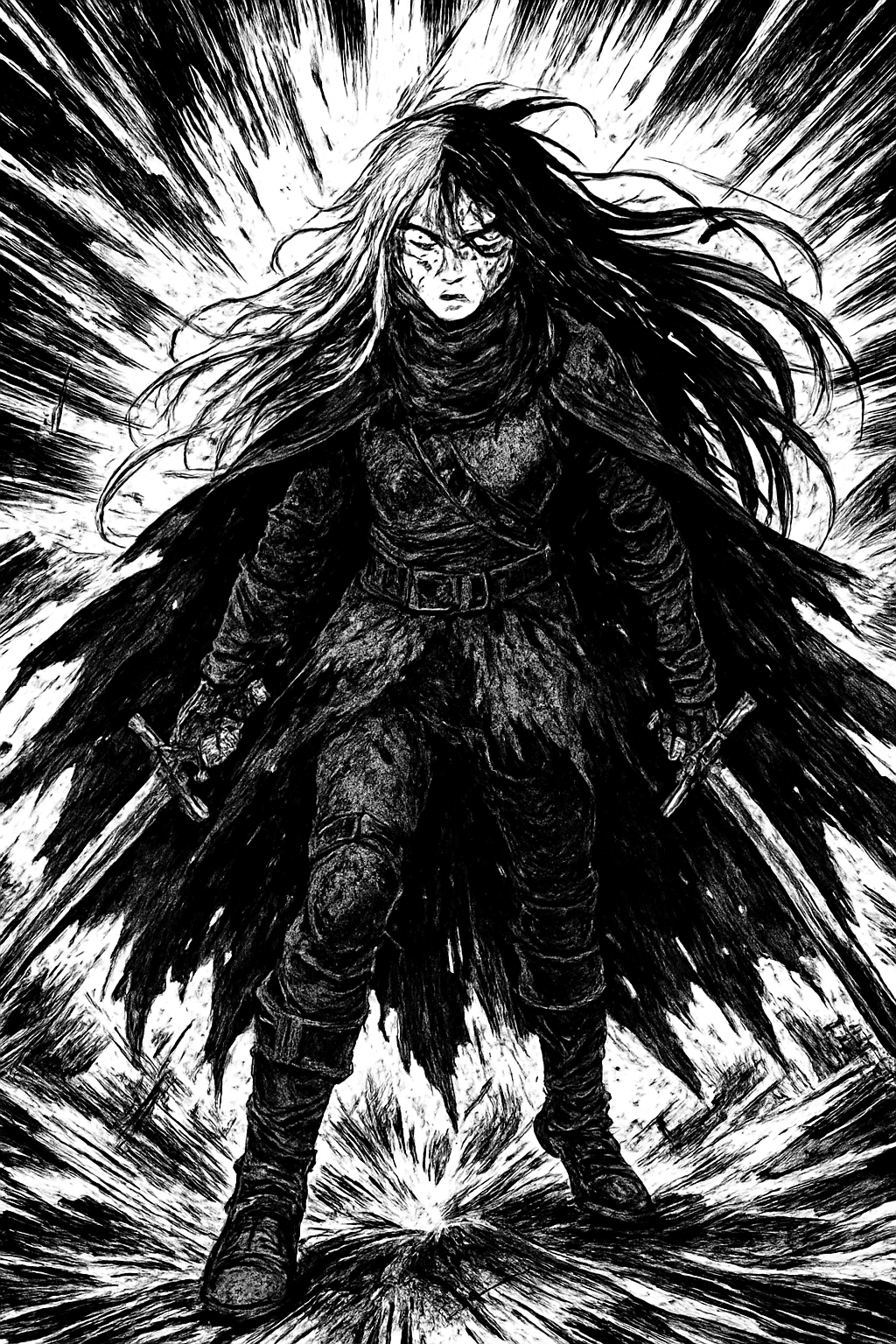 a black and white drawing of a woman with long hair