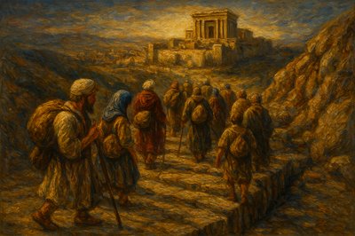a painting of a group of people walking up a hill