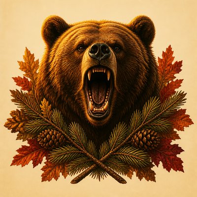 a roaring bear head above crossed pine branches, bold graphic composition on a plain background, no text