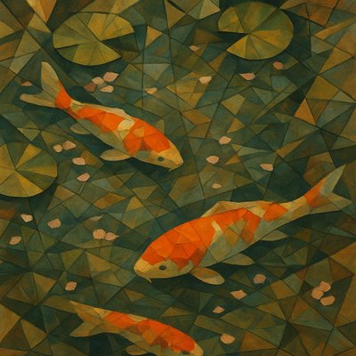 A koi pond seen from above, orange and white koi fish swimming among lily pads, clear water with subtle ripples, fallen cherry blossom petals floating on the surface, dappled sunlight