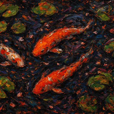 A koi pond seen from above, orange and white koi fish swimming among lily pads, clear water with subtle ripples, fallen cherry blossom petals floating on the surface, dappled sunlight