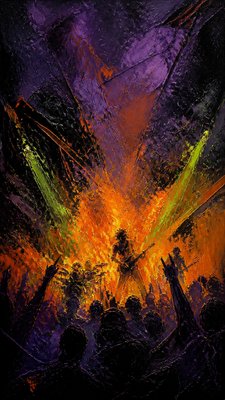 a live music scene with a glowing stage and silhouetted crowd, energetic vertical composition with open space at the top, no text