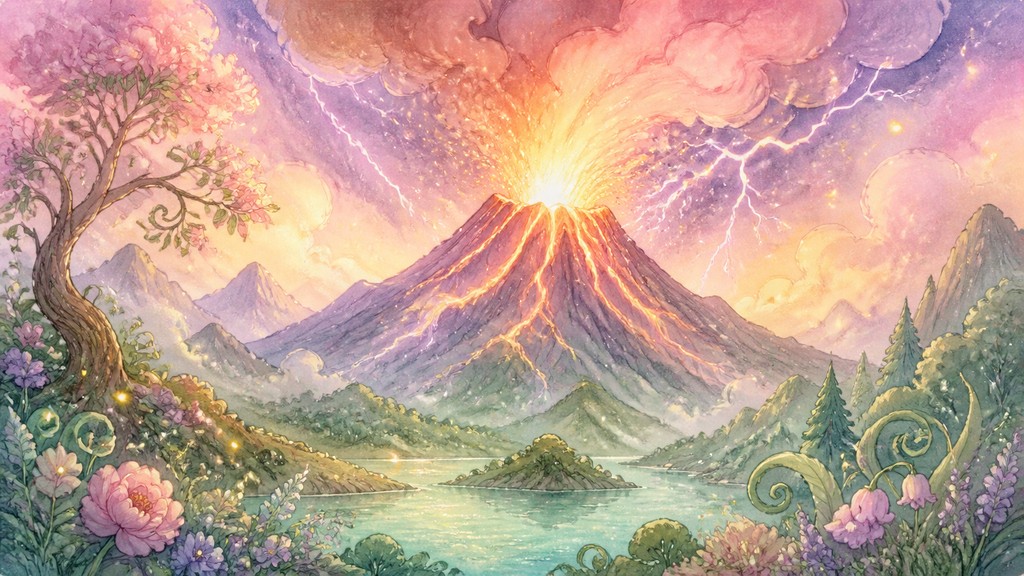 an erupting volcano with lightning strikes, dramatic wide composition, no text