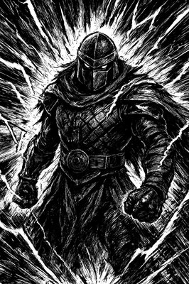 a painting of a man in armor with lightning in the background