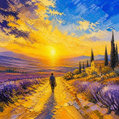 a solitary figure walking toward a glowing horizon across an empty plain, moody atmosphere, no text or lettering