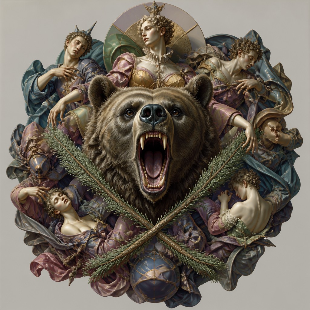 a roaring bear head above crossed pine branches, bold graphic composition on a plain background, no text