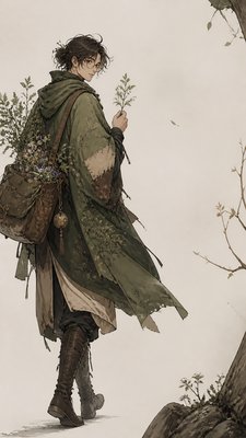full-body original character: a wandering botanist with a satchel of plants, a patched green cloak, tall boots and round glasses, neutral background