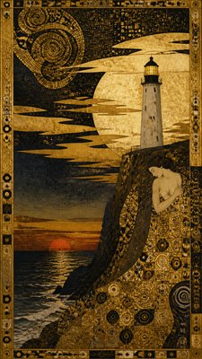 a lone lighthouse on a cliff at dusk under a dramatic sky, no text or lettering
