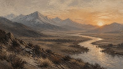 a vast valley with a river winding toward distant mountains at sunrise, no people, no text