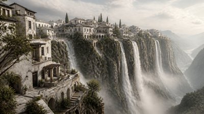 a cliffside city with waterfalls cascading into a misty canyon, wide establishing shot, no people, no text