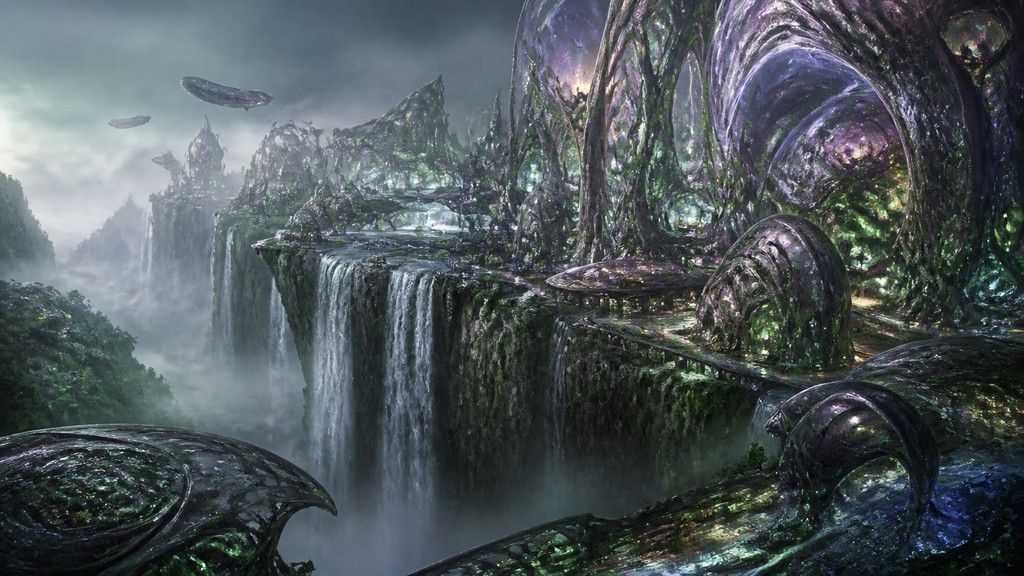 a cliffside city with waterfalls cascading into a misty canyon, wide establishing shot, no people, no text