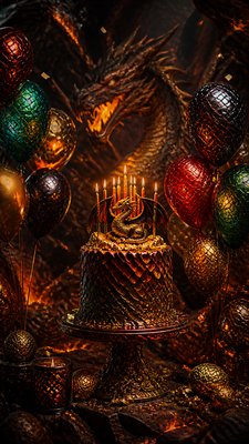 a birthday cake with lit candles surrounded by balloons and confetti, festive vertical composition, no text