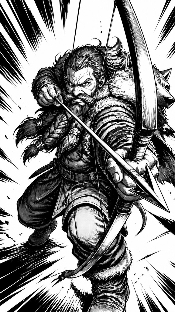 full-body original character: a dwarven ranger with a braided auburn beard, worn leather armor, a longbow and a wolf-pelt cloak, neutral background, no text