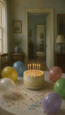 a birthday cake with lit candles surrounded by balloons and confetti, festive vertical composition, no text