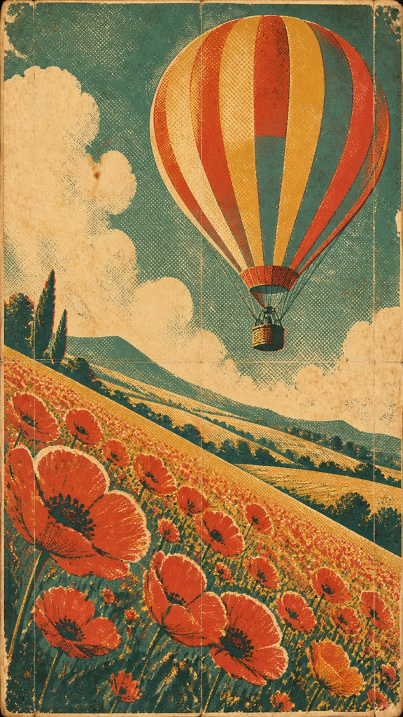 a hot air balloon drifting over rolling flower fields on a sunny day, cheerful, no text