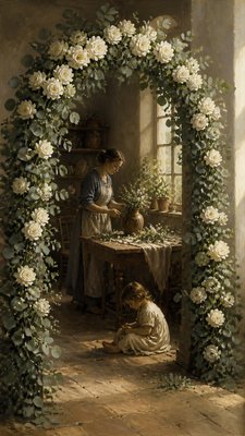 an arch of white roses and eucalyptus in soft morning light, elegant vertical composition with open space, no text
