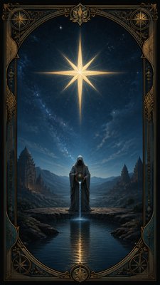 a robed figure pouring water beneath a large eight-pointed star in a night sky, symmetrical composition with an ornate decorative border, no text