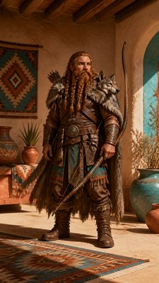 full-body original character: a dwarven ranger with a braided auburn beard, worn leather armor, a longbow and a wolf-pelt cloak, neutral background, no text