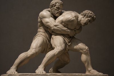 ancient greek wrestler with a bear hug grip on  his opponent 