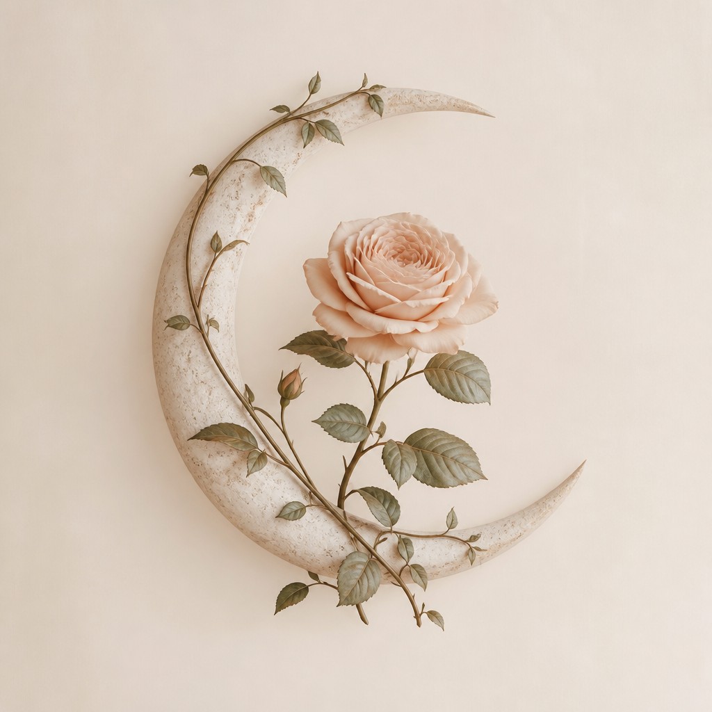 a rose entwined with a crescent moon, clean balanced composition on a plain background, no text
