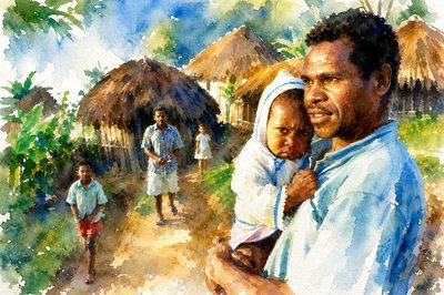 a painting of a man holding a child