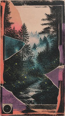 a mysterious forest path with fireflies and drifting mist, atmospheric vertical composition with open space at the top, no text