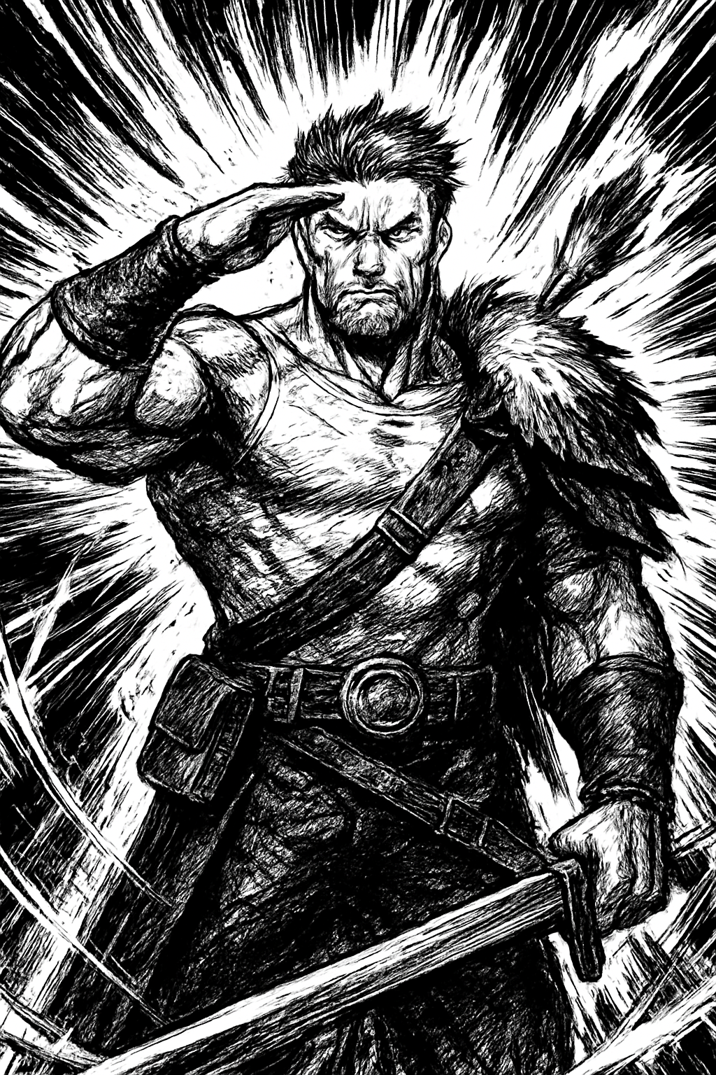 a black and white drawing of a man holding a sword