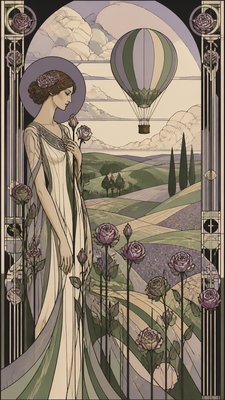 a hot air balloon drifting over rolling flower fields on a sunny day, cheerful, no text