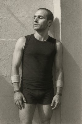 a black and white photo of a man in underwear