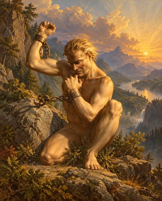 a painting of a man chained to a rock
