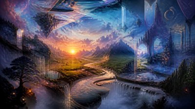 a vast valley with a river winding toward distant mountains at sunrise, no people, no text