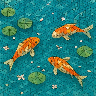 A koi pond seen from above, orange and white koi fish swimming among lily pads, clear water with subtle ripples, fallen cherry blossom petals floating on the surface, dappled sunlight