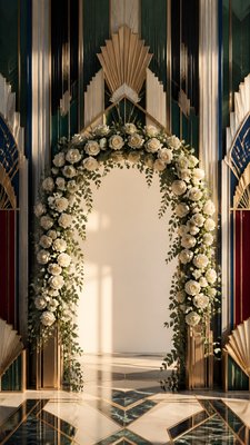 an arch of white roses and eucalyptus in soft morning light, elegant vertical composition with open space, no text