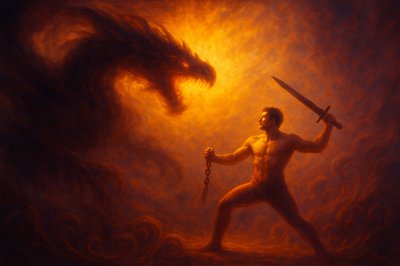 a painting of a man holding a sword in front of a dragon