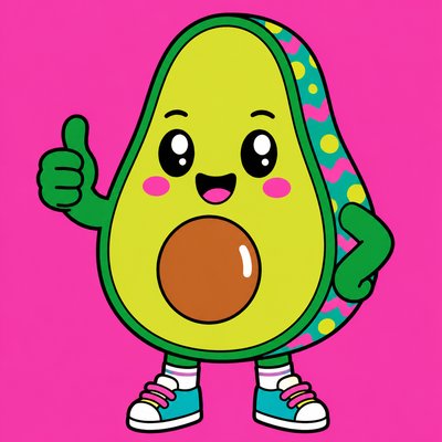 a happy avocado character giving a thumbs up, bold readable design on a plain background, no text