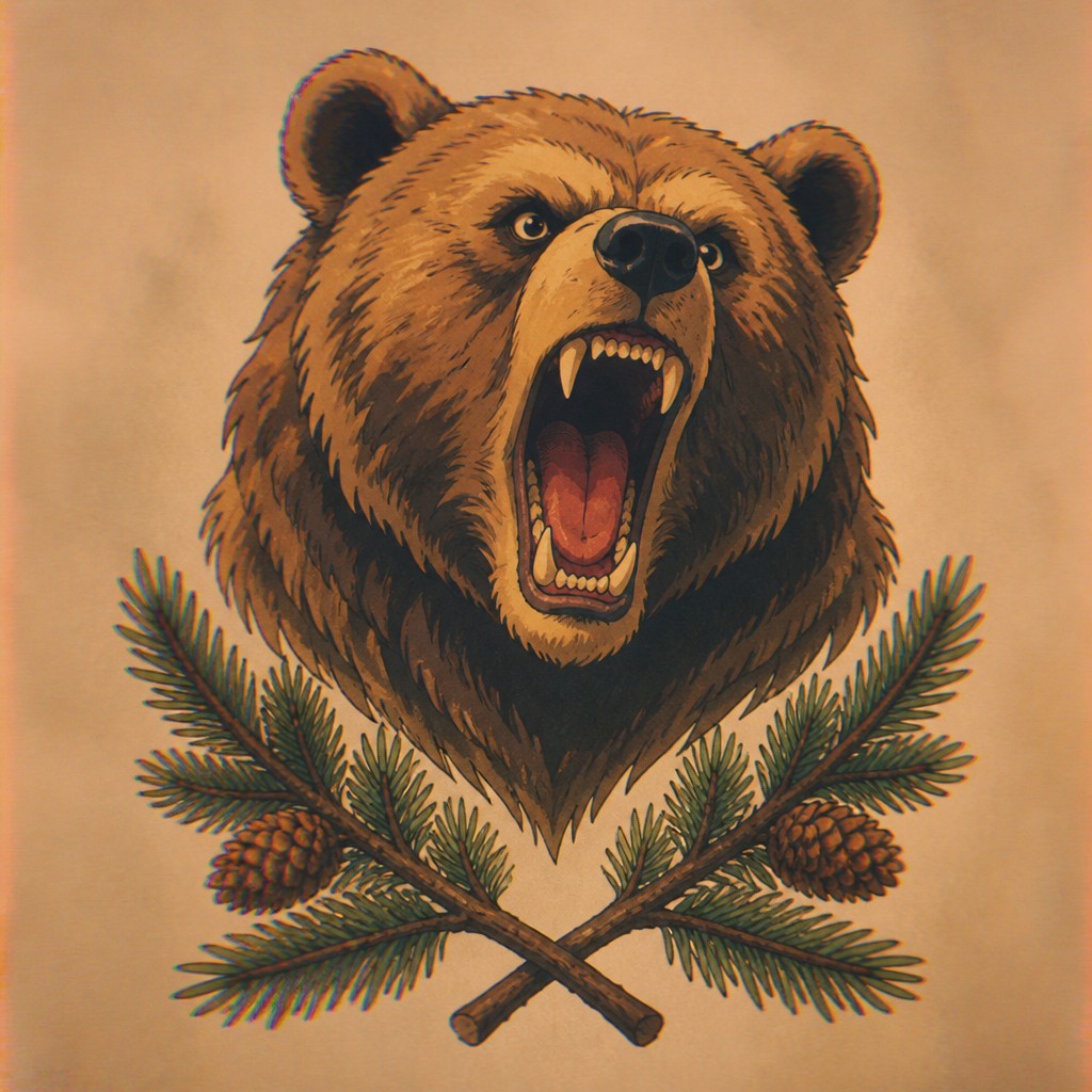 a roaring bear head above crossed pine branches, bold graphic composition on a plain background, no text
