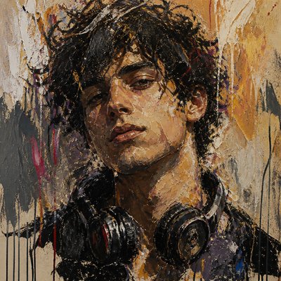 head-and-shoulders portrait of an original character: a young man with curly dark hair and headphones around his neck, plain backdrop, no text