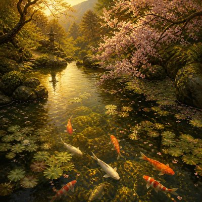 A koi pond seen from above, orange and white koi fish swimming among lily pads, clear water with subtle ripples, fallen cherry blossom petals floating on the surface, dappled sunlight