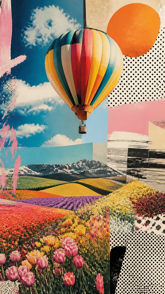 a hot air balloon drifting over rolling flower fields on a sunny day, cheerful, no text