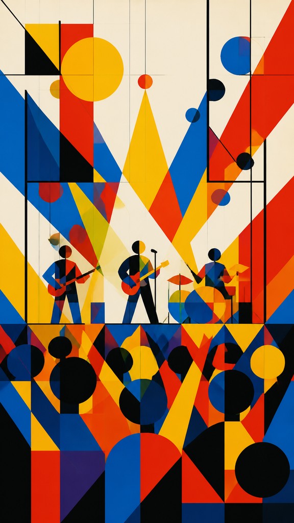 a live music scene with a glowing stage and silhouetted crowd, energetic vertical composition with open space at the top, no text