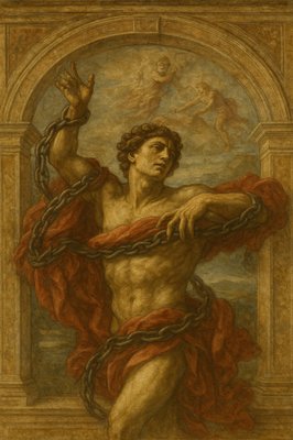 a painting of a man with chains around his neck
