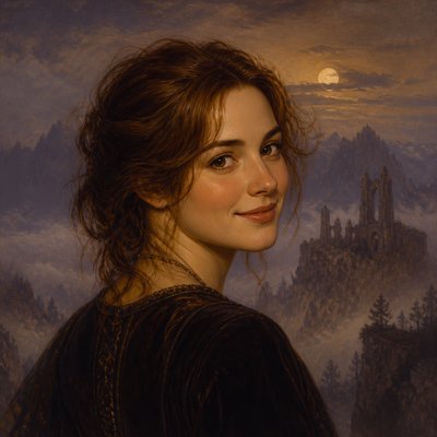 head-and-shoulders portrait of an original character: a young woman with wavy chestnut hair and a warm smile, plain soft backdrop