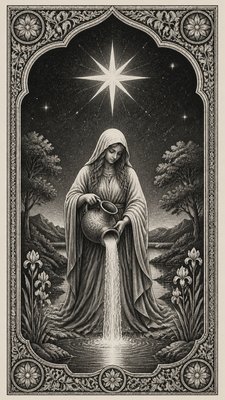 a robed figure pouring water beneath a large eight-pointed star in a night sky, symmetrical composition with an ornate decorative border, no text