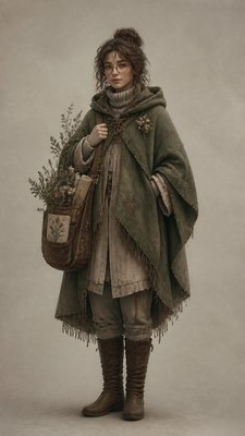 full-body original character: a wandering botanist with a satchel of plants, a patched green cloak, tall boots and round glasses, neutral background