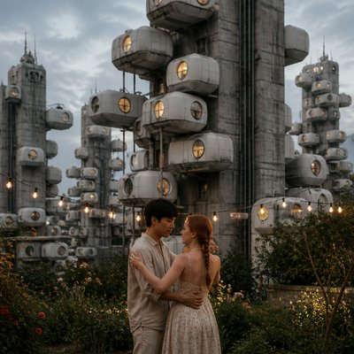 an original couple dancing under string lights in a garden at dusk: a man with short black hair in a linen shirt and a woman with braided red hair in a summer dress