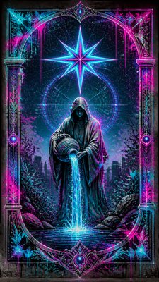 a robed figure pouring water beneath a large eight-pointed star in a night sky, symmetrical composition with an ornate decorative border, no text