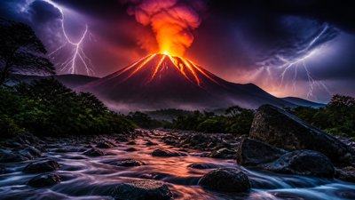 an erupting volcano with lightning strikes, dramatic wide composition, no text