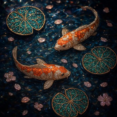 A koi pond seen from above, orange and white koi fish swimming among lily pads, clear water with subtle ripples, fallen cherry blossom petals floating on the surface, dappled sunlight