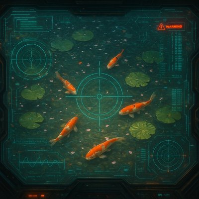 A koi pond seen from above, orange and white koi fish swimming among lily pads, clear water with subtle ripples, fallen cherry blossom petals floating on the surface, dappled sunlight